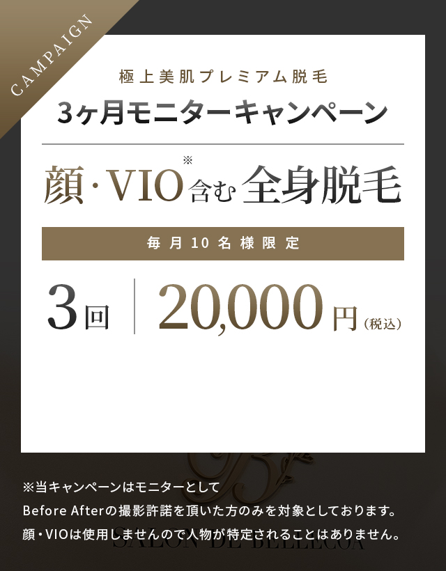 極上美肌プレミアム脱毛3ヶ月モニターキャンペーン 顔・VIO含む全身脱毛 毎月10名様限定 3回20,000円