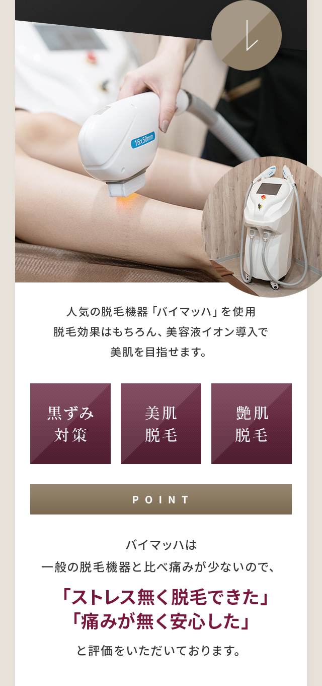 人気の脱毛機器「バイマッハ」を使用 脱毛効果はもちろん、美容液イオン導入で美肌を目指せます。